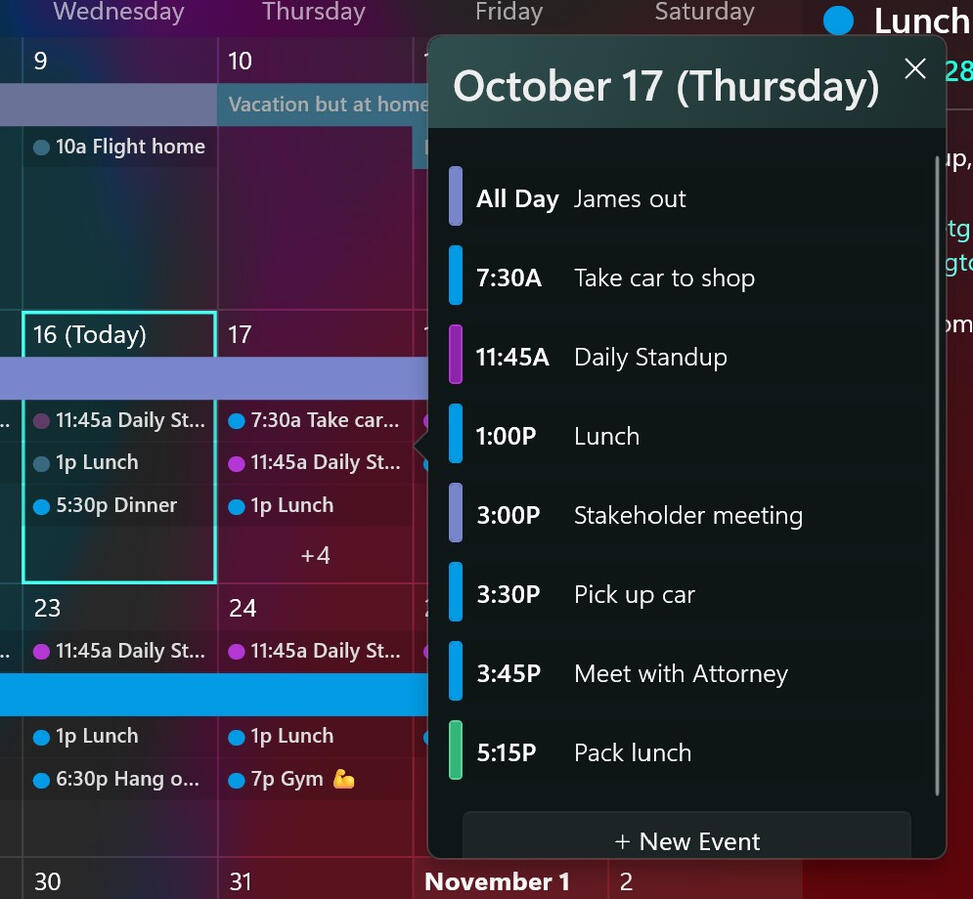 Day's events popup